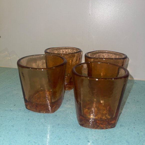 Fire and Light Glasses Square Set of 4 Recycled On the Rocks Copper Signed - Picture 4 of 8